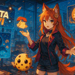 Anime-style digital painting of Kiki, a fox-girl journalist with long orange-red hair, fox ears, and a fluffy tail, standing confidently in a futuristic newsroom filled with floating holographic screens showing video game news. She wears a stylish modern outfit inspired by Game Cookies’ visual identity, lit with warm orange and cool blue tones. The background hints at multiple gaming universes and corporate drama. Space is left on one side for Chip, the floating cookie mascot.