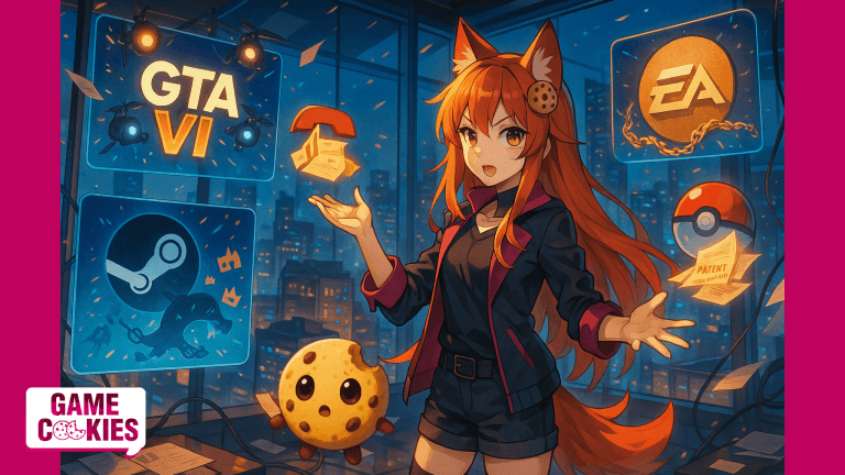 Anime-style digital painting of Kiki, a fox-girl journalist with long orange-red hair, fox ears, and a fluffy tail, standing confidently in a futuristic newsroom filled with floating holographic screens showing video game news. She wears a stylish modern outfit inspired by Game Cookies’ visual identity, lit with warm orange and cool blue tones. The background hints at multiple gaming universes and corporate drama. Space is left on one side for Chip, the floating cookie mascot.