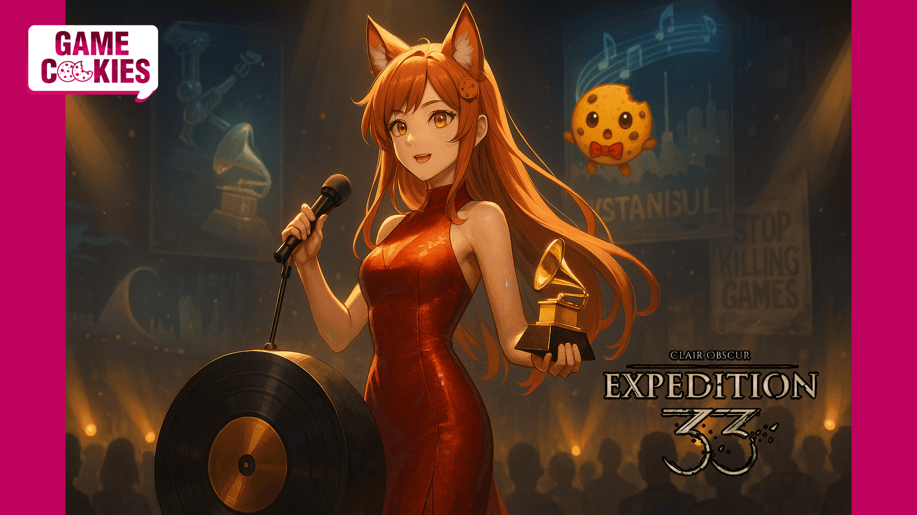 Anime-style digital painting of Kiki, a fox-girl journalist with long orange-red hair and fox ears, standing on a Grammy-inspired award stage under golden lights. She holds a microphone and a trophy while holographic visuals around her depict gaming industry themes like AI, unions, and music awards. A small floating cookie character named Chip, with half of his face metallic like a Terminator, will appear beside her.