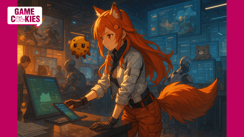 Kiki, the fox-girl journalist from Game Cookies, reviews holographic game data in a futuristic studio where humans and robots collaborate on AI-assisted projects. She wears orange tactical pants, a white sci-fi jacket, and a cookie hairpin, her orange tail glowing under cinematic light.