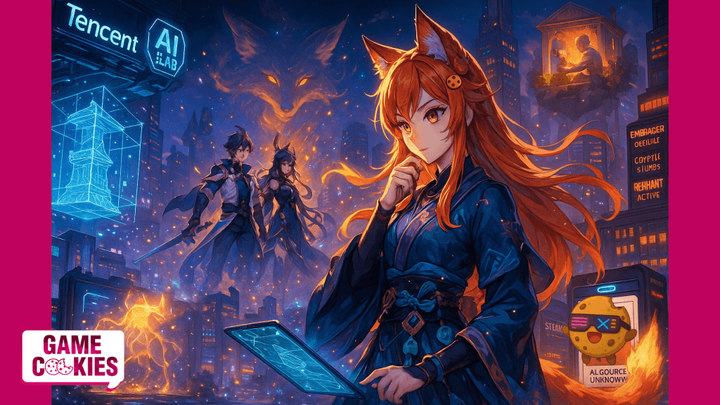 Anime-style landscape illustration featuring Kiki & Chip exploring a futuristic collage of gaming industry news, including Tencent’s AI tools, Project Spirits, Valve’s Steam moderation, Embracer’s restructuring, and The Witcher developer’s AI commentary.