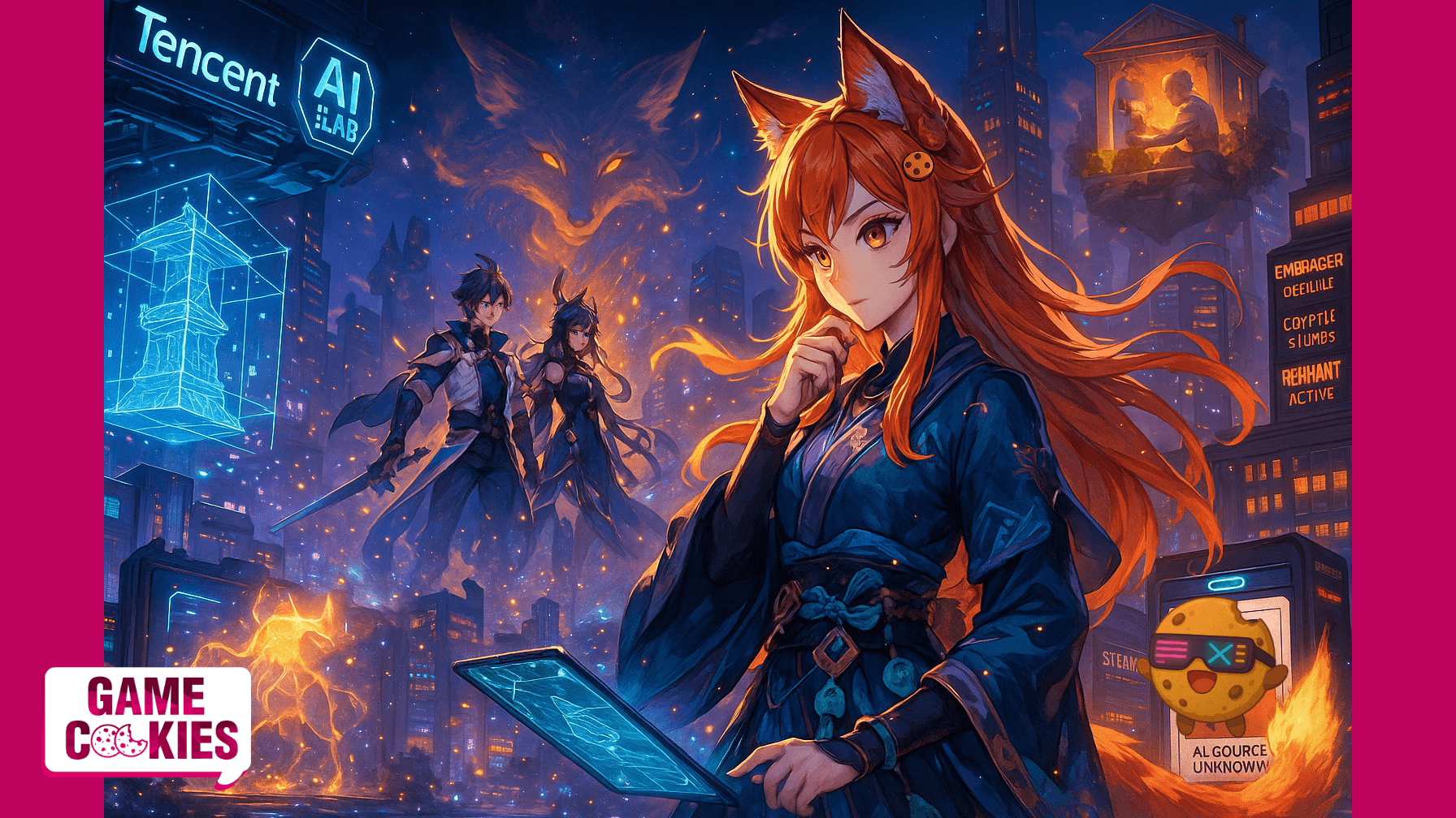 Anime-style landscape illustration featuring Kiki & Chip exploring a futuristic collage of gaming industry news, including Tencent’s AI tools, Project Spirits, Valve’s Steam moderation, Embracer’s restructuring, and The Witcher developer’s AI commentary.