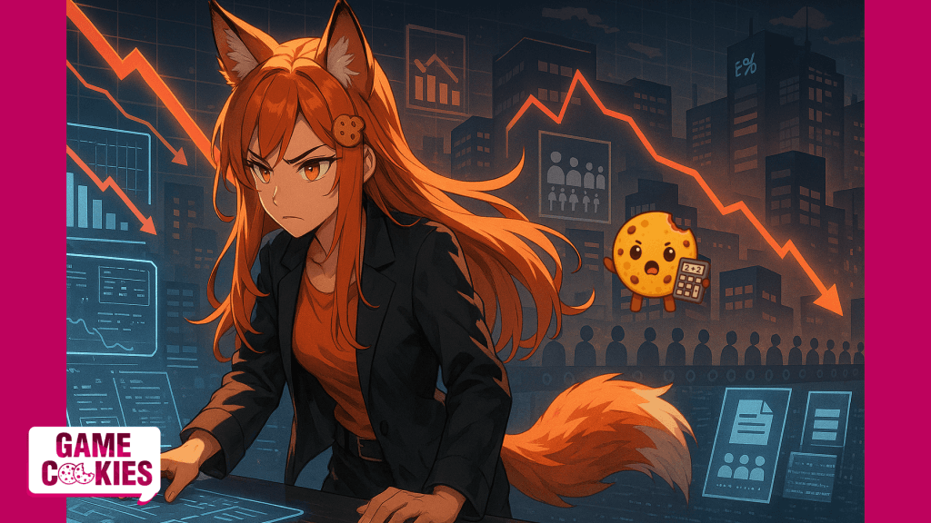 Kiki & Chip in an anime-style editorial illustration reacting to global layoffs and automation. Kiki looks frustrated in a futuristic city, surrounded by holograms of robots and corporate logos, while Chip floats beside her with a worried expression.