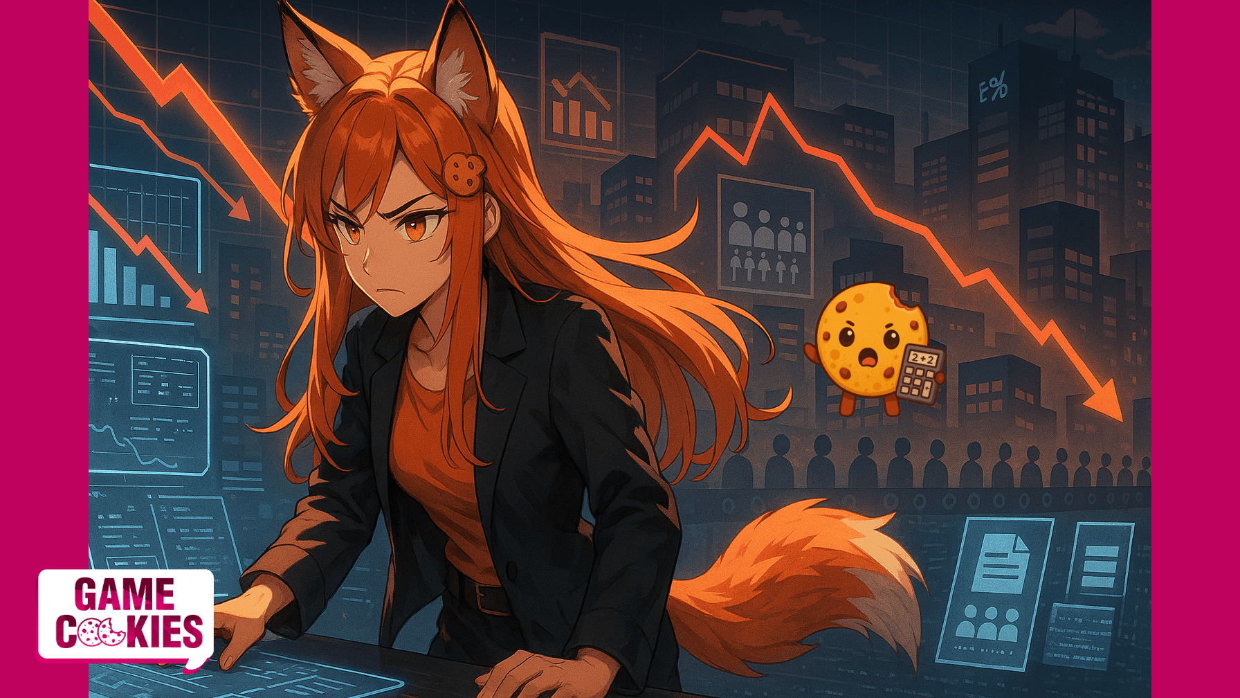 Kiki & Chip in an anime-style editorial illustration reacting to global layoffs and automation. Kiki looks frustrated in a futuristic city, surrounded by holograms of robots and corporate logos, while Chip floats beside her with a worried expression.