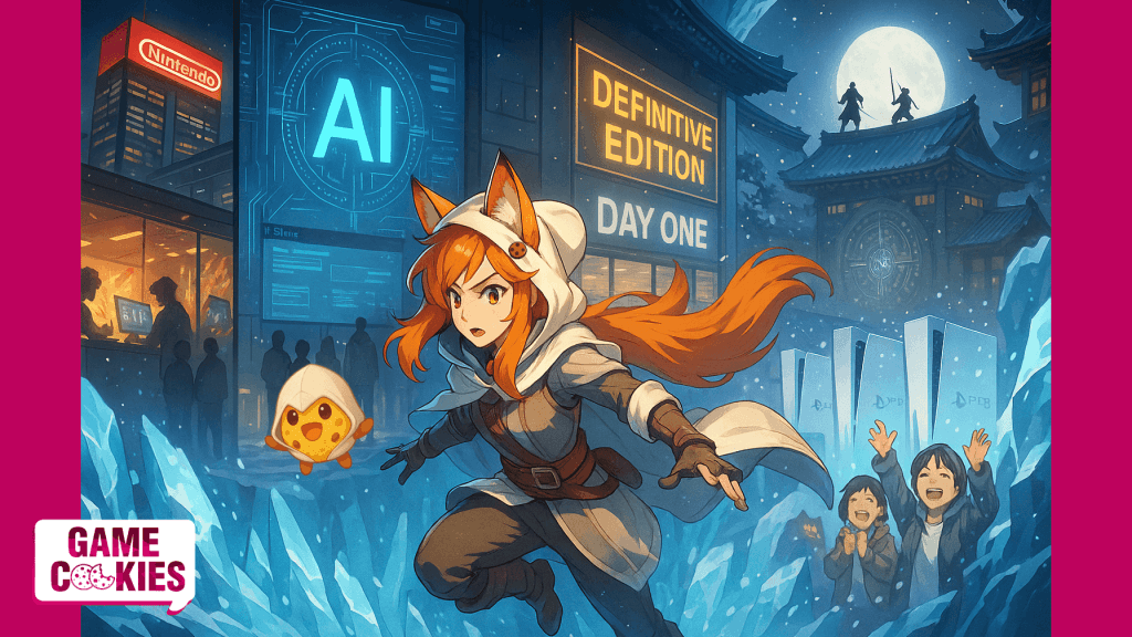 A cinematic anime-style scene of Kiki & Chip in today’s gaming collage. Kiki, a long-haired fox-eared woman in an Assassin’s Creed–inspired white cloak, leaps across glowing blue ice in a cavern while space is left beside her for Chip. Behind them appear five gaming-news elements: a Nintendo office in Singapore, a holographic AI courtroom, a “Definitive Edition” billboard, cheering players beside Japan-only PS5 models, and two shinobi silhouettes on a snowy rooftop under the moon.