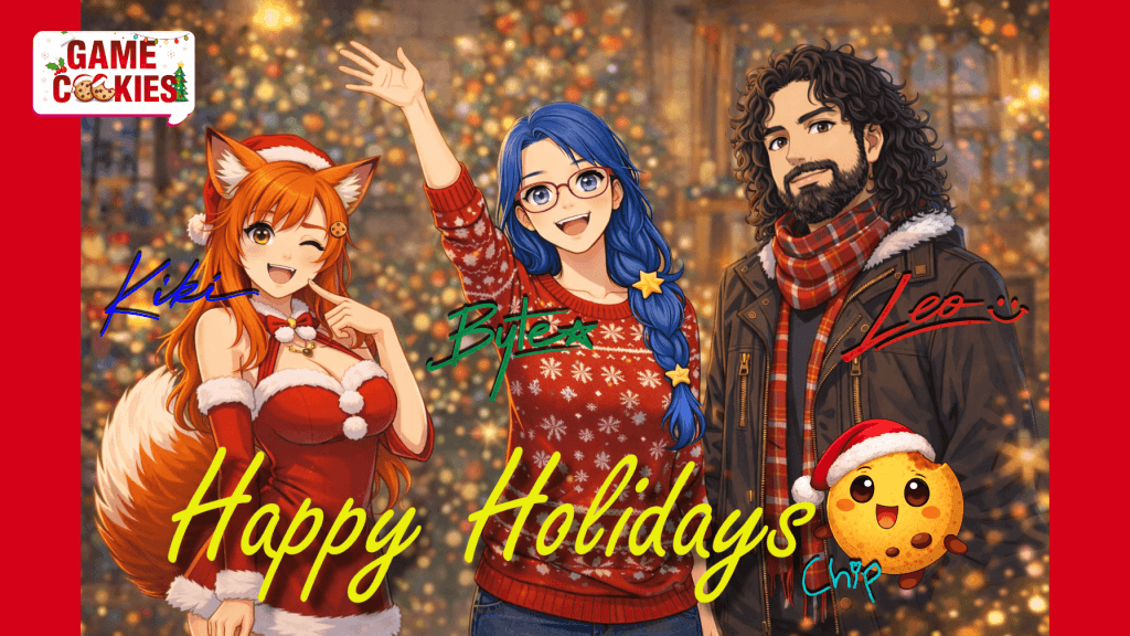 Holiday illustration featuring Game Cookies mascots Kiki, Byte, Leo, and Chip celebrating together in a festive, warmly lit setting.