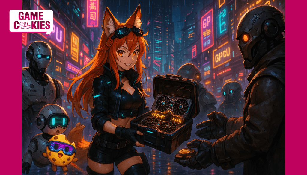Kiki, the fox-girl mascot of Game Cookies, stands in a neon-lit cyberpunk alley selling futuristic GPUs from a glowing case to robotic clients. Chip floats beside her wearing neon visor glasses while various androids and robot buyers surround the scene.