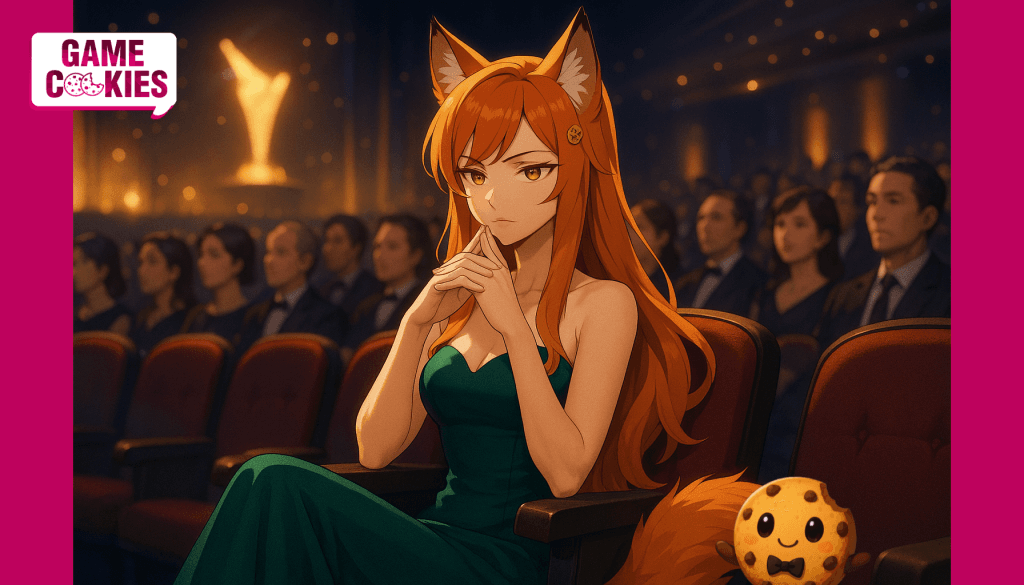 Kiki and Chip sit among the audience at a video game awards ceremony, with Kiki wearing an elegant green evening dress and observing the event thoughtfully while Chip floats beside her, as the stage glows softly in the background.