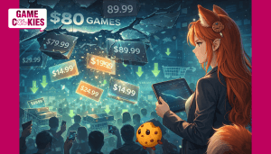 Anime-style illustration of Kiki and Chip analyzing falling video game prices as a cracked “$80 games” ceiling collapses above a digital marketplace.