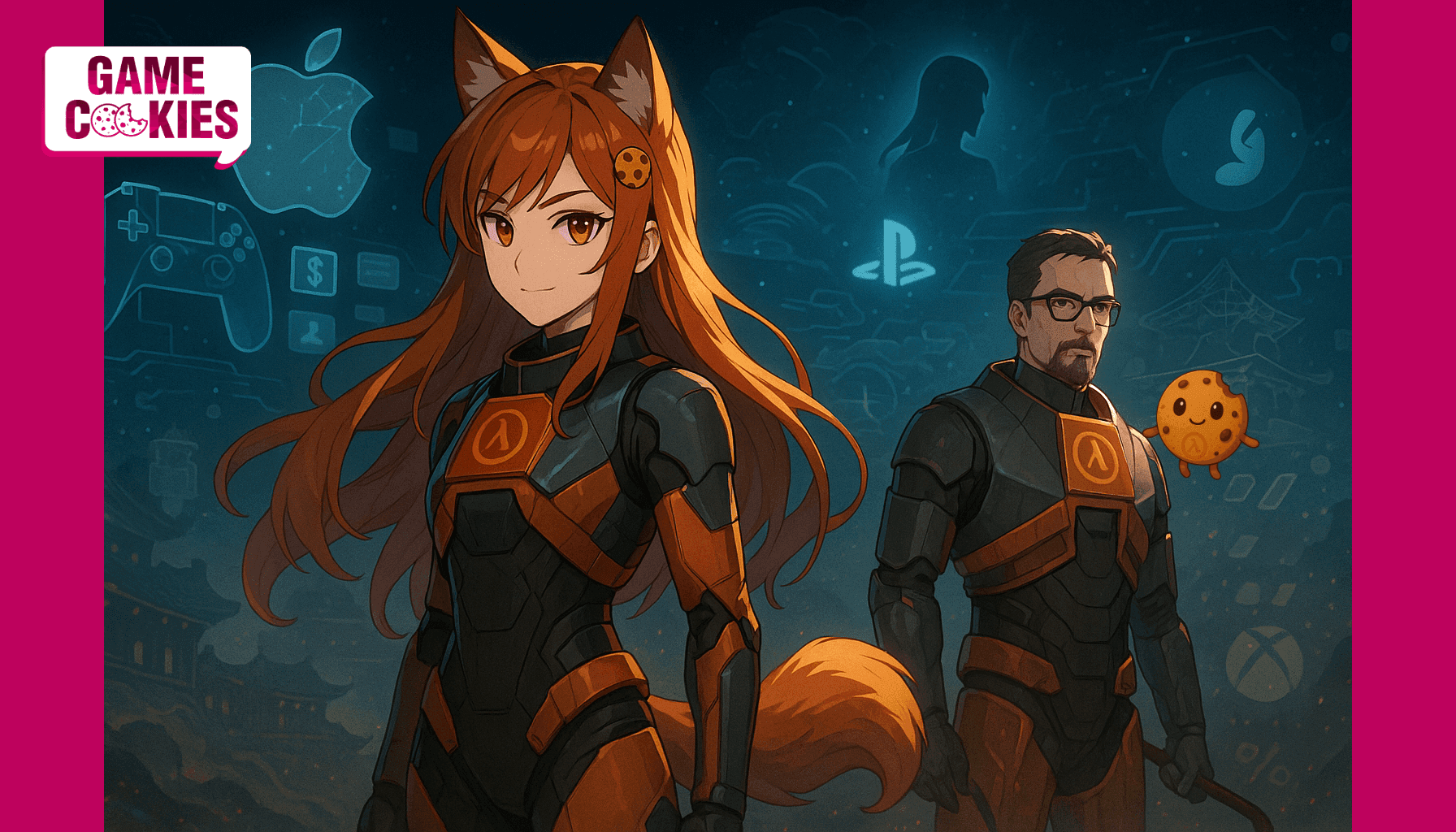 Anime-style illustration of Kiki, the Game Cookies fox-girl mascot, wearing a sci-fi HEV-inspired suit alongside a Half-Life–style scientist figure, with gaming platform icons in the background.