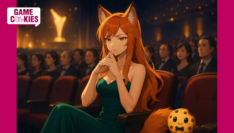 Kiki and Chip sit among the audience at a video game awards ceremony, with Kiki wearing an elegant green evening dress and observing the event thoughtfully while Chip floats beside her, as the stage glows softly in the background.