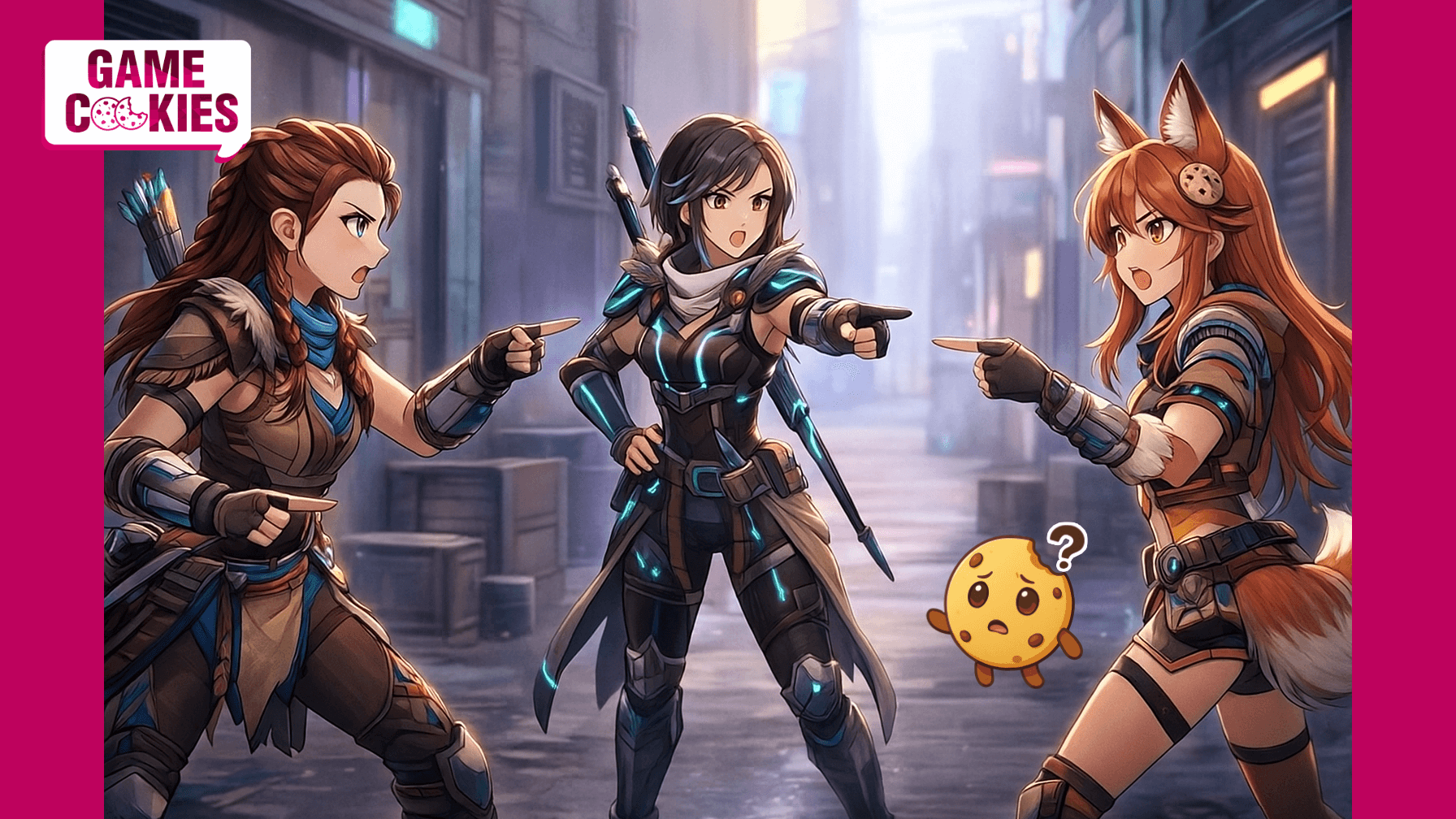 Three anime style characters parody the Spider Man pointing meme: an Aloy inspired hunter, a Light of Motiram style heroine, and Kiki in matching armor pointing at each other in confusion, while Chip floats at their feet looking puzzled. The Game Cookies logo appears in the upper left.
