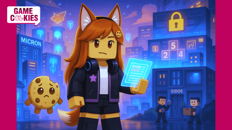 Roblox style Kiki stands in a neon cityscape holding a glowing hologram, while Chip, a blocky cookie character with a bite mark on his head, floats beside her. Behind them are visual references to Micron, Eidos layoffs, censorship blocks, and other news elements.