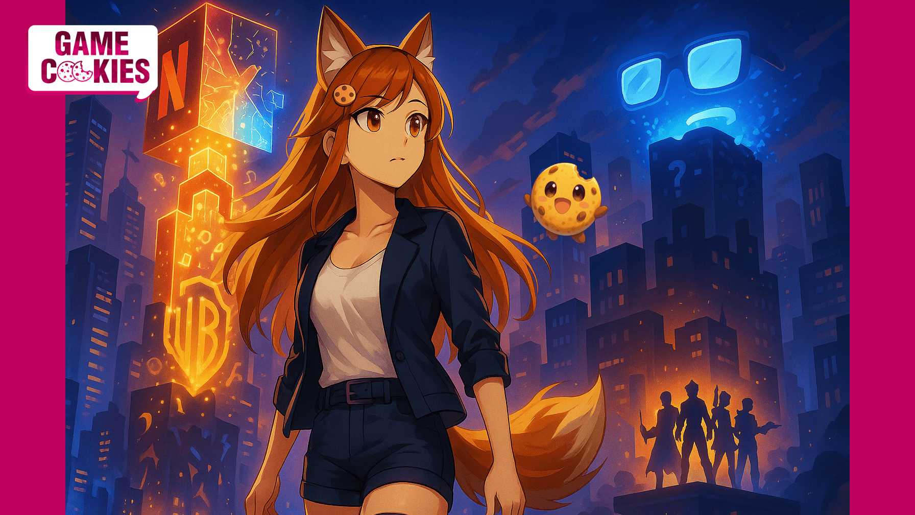Anime style Kiki stands confidently in a futuristic city lit by glowing skyscrapers symbolizing Netflix and Warner Bros merging, while a floating holographic face and silhouetted co-op heroes appear in the background. Chip floats nearby with a cheerful expression. The scene resembles a dramatic movie poster.