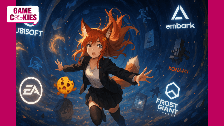 Kiki, the Game Cookies fox girl mascot, is falling through a magical swirling vortex filled with logos from the video game industry, including Ubisoft, EA, Embark, Konami, and Frost Giant Studios. Chip floats beside her as debris, symbols, and glowing shapes spiral around them.