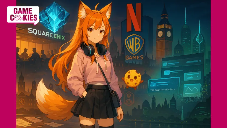 A landscape anime-style illustration of Kiki and Chip, the mascots of Game Cookies. Kiki, a fox-girl with long orange-red hair, fox ears, and a fluffy tail, wears a pastel pink cropped hoodie, pleated black skirt, thigh-high stockings, and teal-accented headphones. Chip, a small floating chocolate chip cookie with a bite mark and expressive eyes, hovers beside her. Behind them is a collage of industry themes: a cracked Square Enix crystal above a boardroom, a large red Netflix “N” and WB Games emblem, silhouettes of UK Parliament buildings, a futuristic Riyadh skyline, and holographic UI panels referencing Steam reviews. The Game Cookies logo appears in the corner.