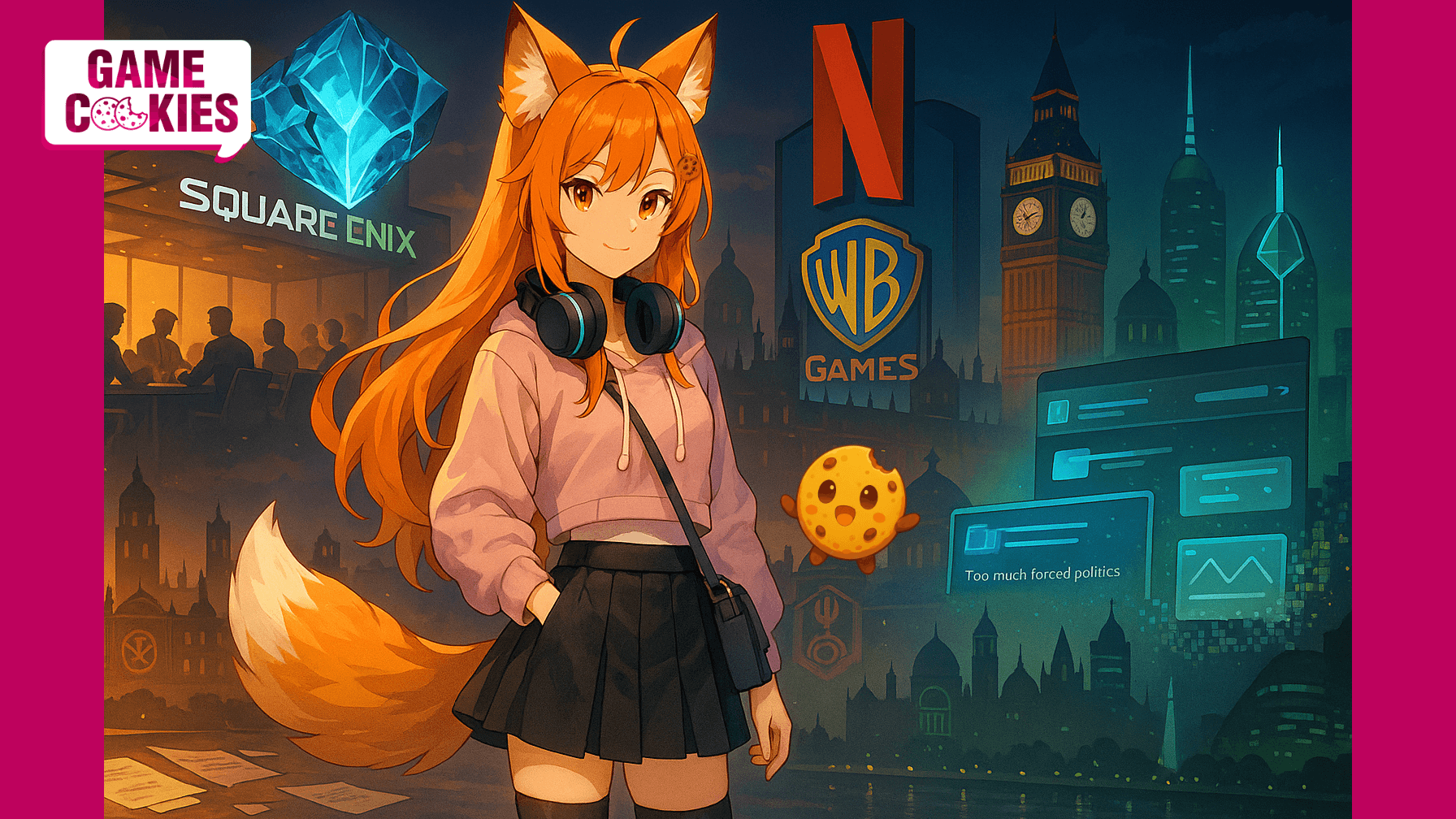 A landscape anime-style illustration of Kiki and Chip, the mascots of Game Cookies. Kiki, a fox-girl with long orange-red hair, fox ears, and a fluffy tail, wears a pastel pink cropped hoodie, pleated black skirt, thigh-high stockings, and teal-accented headphones. Chip, a small floating chocolate chip cookie with a bite mark and expressive eyes, hovers beside her. Behind them is a collage of industry themes: a cracked Square Enix crystal above a boardroom, a large red Netflix âNâ and WB Games emblem, silhouettes of UK Parliament buildings, a futuristic Riyadh skyline, and holographic UI panels referencing Steam reviews. The Game Cookies logo appears in the corner.