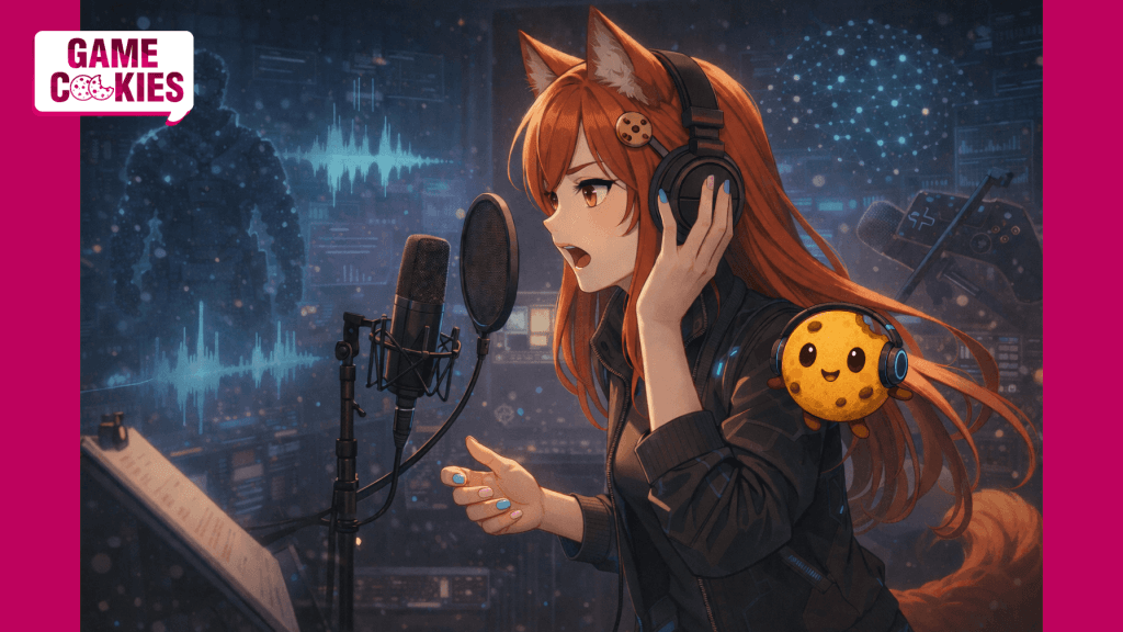 Anime-style illustration of Kiki recording voice acting in a professional studio, wearing headphones and speaking into a microphone, with soundwave visuals, AI motifs, and Chip listening beside her.
