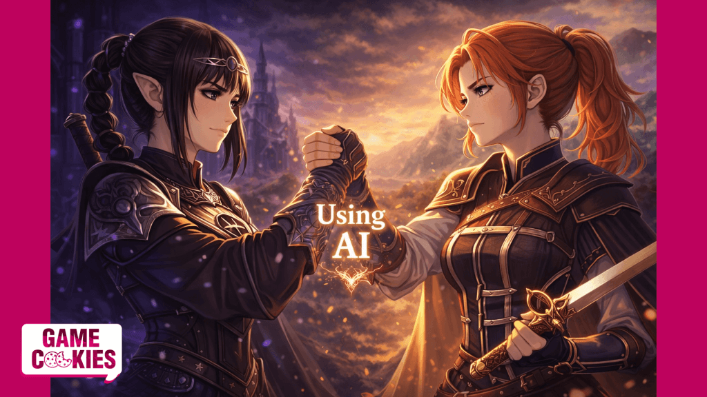 Anime-style illustration of Shadowheart from Baldur’s Gate 3 and Maelle from Expedition 33 locking arms in an epic handshake, symbolizing shared use of AI tools in game development.