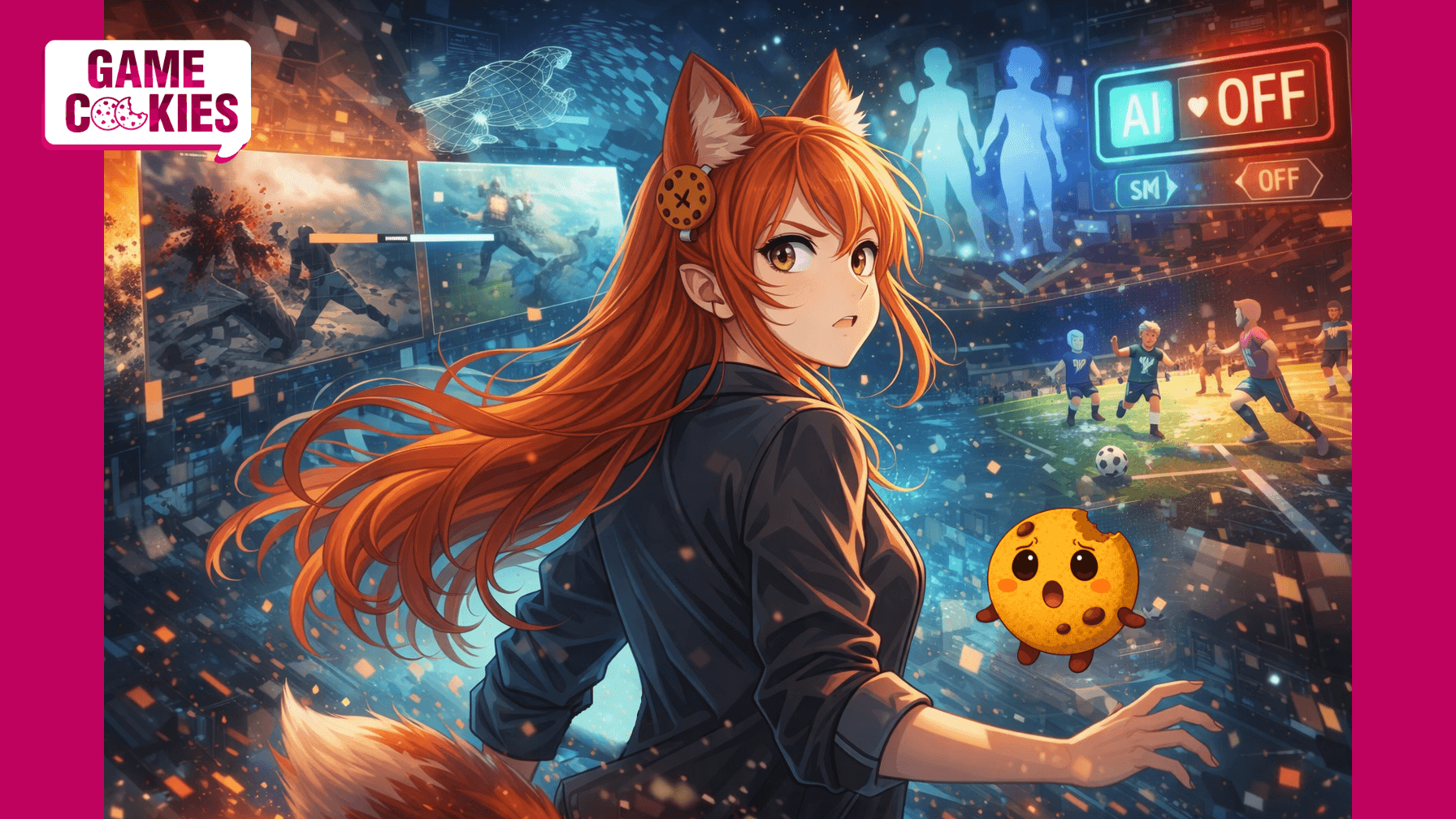 Anime-style illustration of Kiki, a fox-girl journalist, turning toward the viewer inside a digital gaming world, with Chip floating beside her as interactive screens show AI controls, censored content, engine upgrades, and virtual sports scenes.