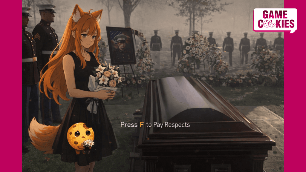 Anime-style illustration of Kiki standing solemnly beside a coffin at a military funeral, wearing a black dress, with a small grieving Chip holding flowers nearby.