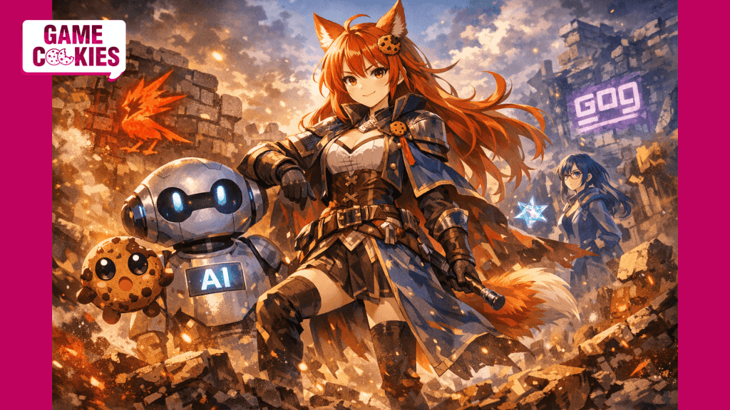 Anime-style illustration of Kiki, a fox girl journalist in Expedition 33–inspired fantasy armor, standing confidently beside a friendly robot labeled AI, with Chip floating nearby and Byte observing calmly in the background, set in a dramatic ruined battlefield symbolizing current game industry debates.