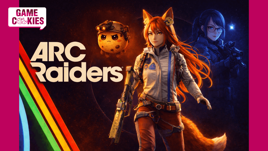 Cinematic key art inspired by ARC Raiders featuring Kiki, a fox-eared heroine in a white jacket and red pants holding a weapon, flanked by Byte in blue tactical gear and Chip, a floating chocolate chip cookie wearing a tactical helmet, with rainbow stripes and the ARC Raiders logo on a dark space background.