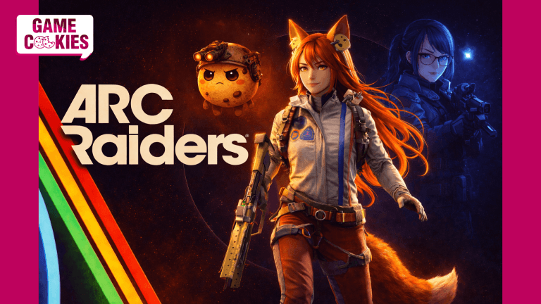 Cinematic key art inspired by ARC Raiders featuring Kiki, a fox-eared heroine in a white jacket and red pants holding a weapon, flanked by Byte in blue tactical gear and Chip, a floating chocolate chip cookie wearing a tactical helmet, with rainbow stripes and the ARC Raiders logo on a dark space background.