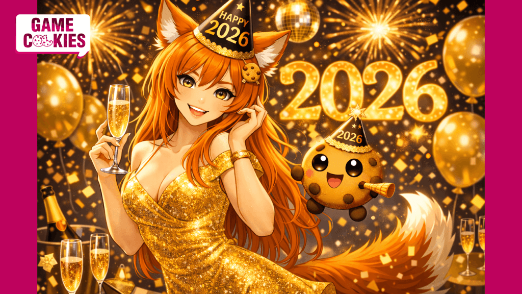 Anime-style illustration of Kiki, a fox girl in a gold New Year’s dress with a Happy 2026 party hat, smiling with visible teeth while holding a champagne glass, celebrating with Chip the cookie amid fireworks and golden decorations.