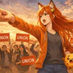 Anime-style illustration of Kiki, a fox-girl game industry worker, leading a union protest in casual clothes, pointing forward with determination while fellow workers hold union signs behind her, with Chip the floating cookie companion implied beside her.