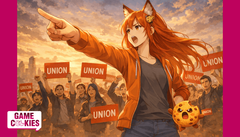 Anime-style illustration of Kiki, a fox-girl game industry worker, leading a union protest in casual clothes, pointing forward with determination while fellow workers hold union signs behind her, with Chip the floating cookie companion implied beside her.
