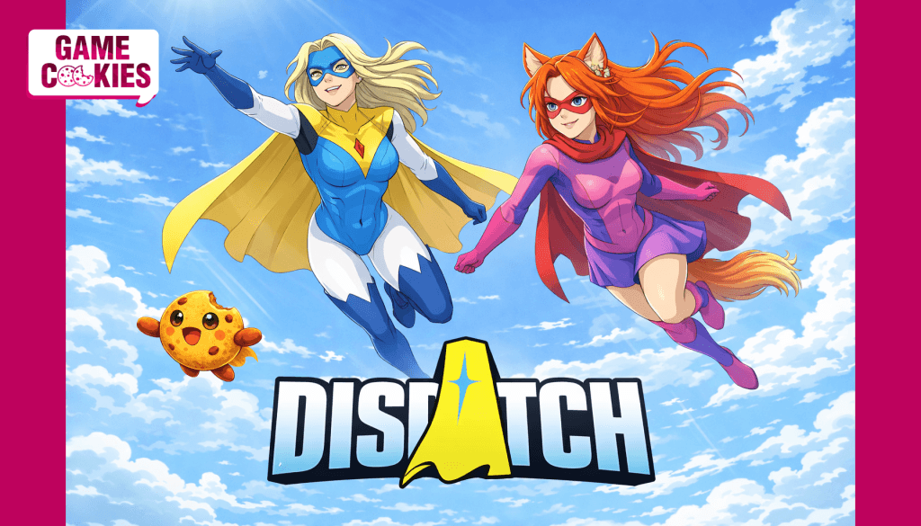 Anime-style illustration of two female superheroes flying through a bright blue sky above the Dispatch logo, with Kiki in a purple superhero suit and fox ears alongside the Dispatch heroine, while Chip the floating cookie companion flies nearby.