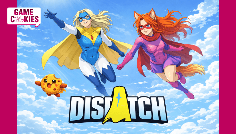 Anime-style illustration of two female superheroes flying through a bright blue sky above the Dispatch logo, with Kiki in a purple superhero suit and fox ears alongside the Dispatch heroine, while Chip the floating cookie companion flies nearby.