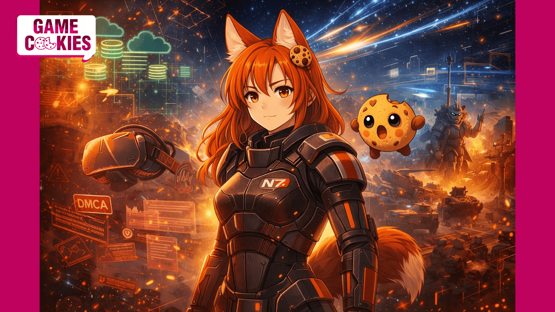 Kiki, the Game Cookies fox mascot, wearing a Mass Effect–inspired N7 combat suit with a corrected N7 insignia, standing in a cinematic sci-fi setting while Chip, her floating cookie companion, hovers nearby.