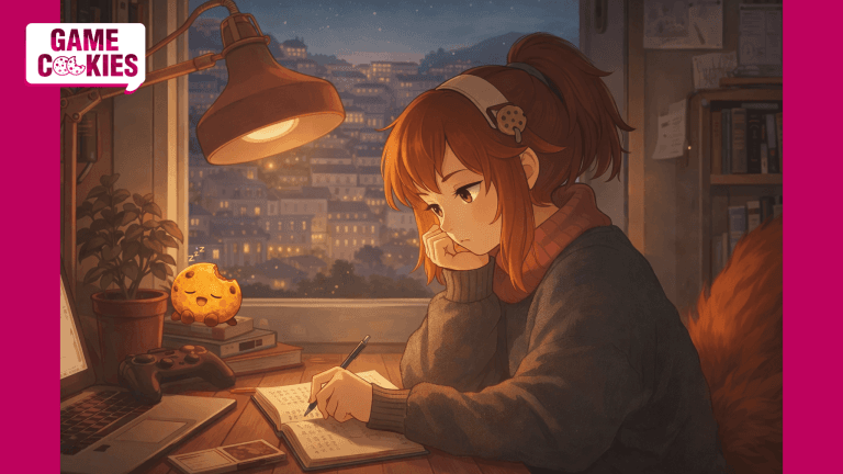Illustration of Kiki writing in a notebook at her desk during dusk while her cookie companion Chip sleeps nearby, conveying a quiet and reflective mood.