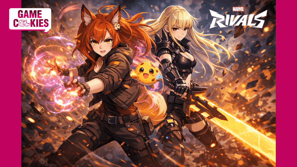 Anime-style illustration of Kiki, a fox-girl journalist using glowing psychic energy, fighting alongside Magik from Marvel Rivals, who wields a radiant golden Soulsword on a chaotic battlefield with sparks and debris.
