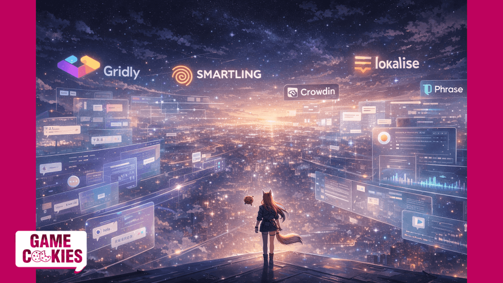 Kiki and Chip seen from behind, standing on a high platform and looking out over a vast digital world representing game localization, with abstract symbols of translation, narrative, audio, and workflow tools floating across a futuristic landscape.