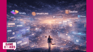 Kiki and Chip seen from behind, standing on a high platform and looking out over a vast digital world representing game localization, with abstract symbols of translation, narrative, audio, and workflow tools floating across a futuristic landscape.