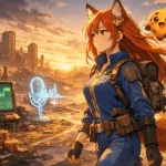 Anime-style illustration of Kiki walking through a post-apocalyptic landscape in a vault explorer outfit, with her cookie companion Chip floating alongside her, symbolizing reflection and resilience in the game industry.