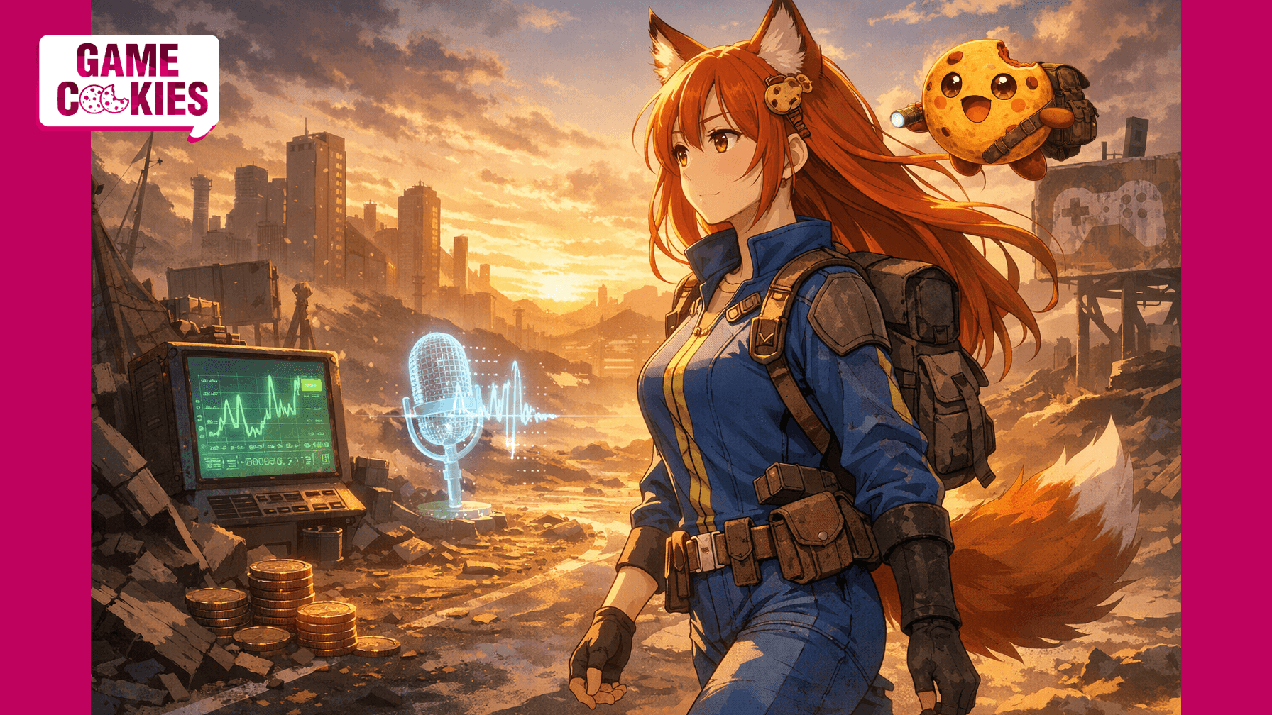 Anime-style illustration of Kiki walking through a post-apocalyptic landscape in a vault explorer outfit, with her cookie companion Chip floating alongside her, symbolizing reflection and resilience in the game industry.