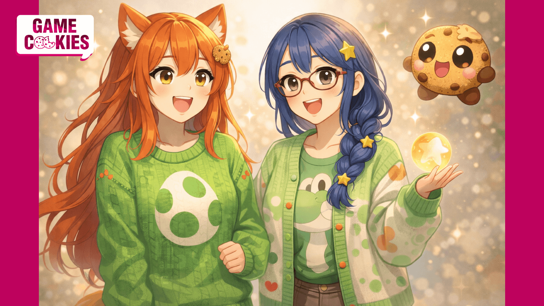 Kiki and Byte smiling in green retro-inspired sweaters, with Chip the floating cookie companion showing a bite mark, in a warm anime-style illustration.
