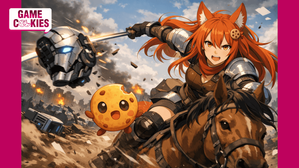 Anime-style screencap of Kiki, a fox-girl warrior on horseback, mid-battle as she strikes a humanoid robot, with her floating cookie companion Chip flying beside her amid a ruined battlefield.