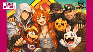Kiki, the fox-girl mascot of Game Cookies, stands at the center of a group hug with Ubisoft characters Ezio Auditore, Aiden Pearce, Sam Fisher, Rayman, and a Rabbid, while Chip the floating cookie companion hovers beside her in a colorful anime-style illustration.