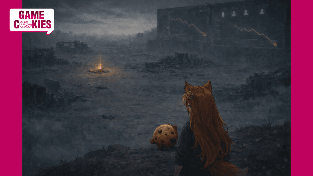 Kiki, a fox-eared woman, and Chip, her small cookie companion, stand with their backs to the viewer overlooking a ruined, fog-covered city with collapsing structures and digital screens showing falling graphs.