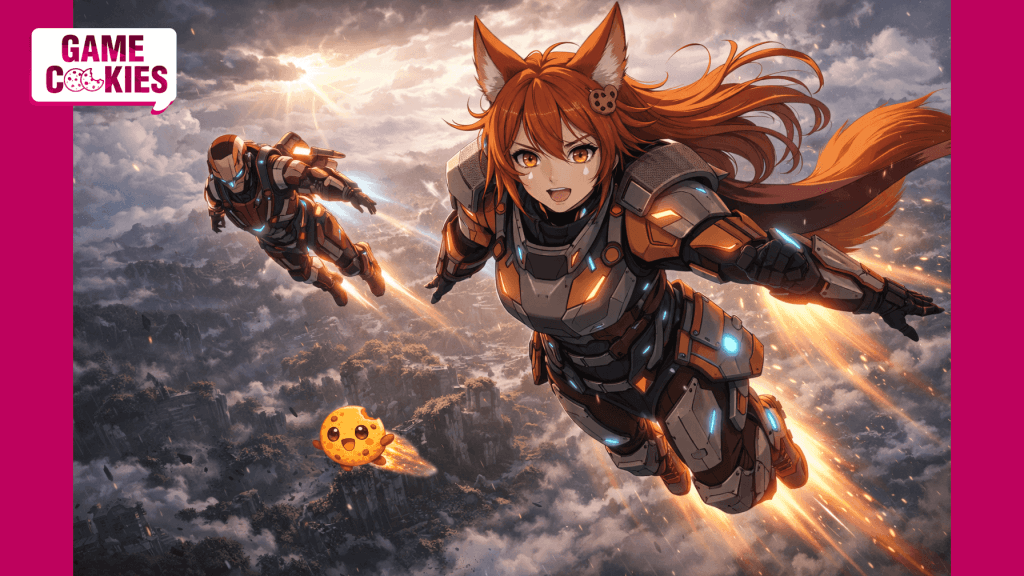 Anime-style scene of Kiki, a fox-girl in futuristic armor, flying over a ruined landscape with jet thrusters while her floating cookie companion Chip follows behind; Game Cookies logo appears in the top-left corner.