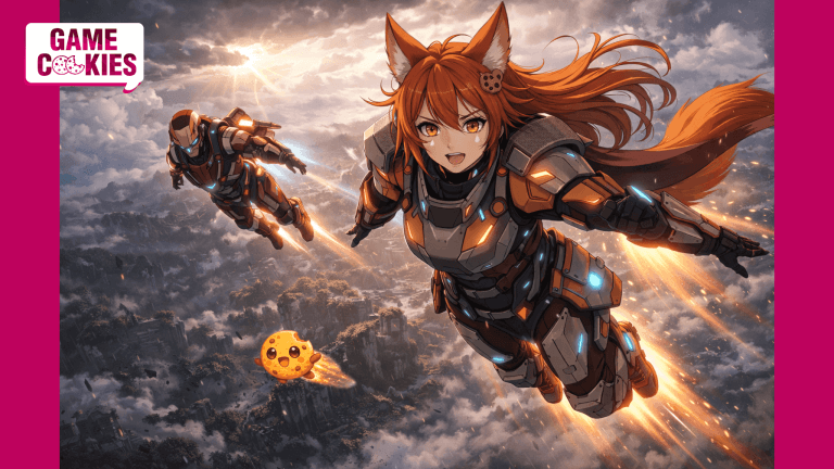 Anime-style scene of Kiki, a fox-girl in futuristic armor, flying over a ruined landscape with jet thrusters while her floating cookie companion Chip follows behind; Game Cookies logo appears in the top-left corner.
