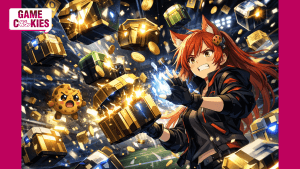 Kiki the fox girl shields herself as glowing FIFA Ultimate Team loot boxes rain down, while Chip the cookie struggles nearby, overwhelmed by falling packs and coins.