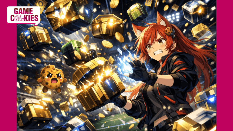 Kiki the fox girl shields herself as glowing FIFA Ultimate Team loot boxes rain down, while Chip the cookie struggles nearby, overwhelmed by falling packs and coins.