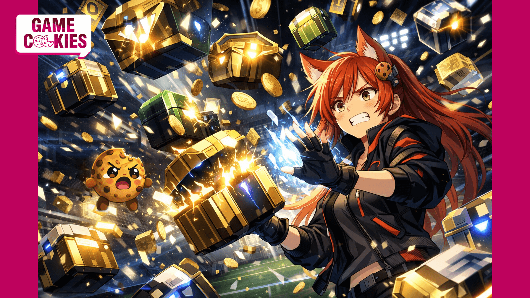 Kiki the fox girl shields herself as glowing FIFA Ultimate Team loot boxes rain down, while Chip the cookie struggles nearby, overwhelmed by falling packs and coins.