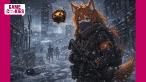 Anime-style scene of Kiki, a fox-girl in tactical winter gear holding a rifle in a snowy, ruined city street, with her floating cookie companion Chip wearing a face mask above her; Game Cookies logo appears in the top-left corner.